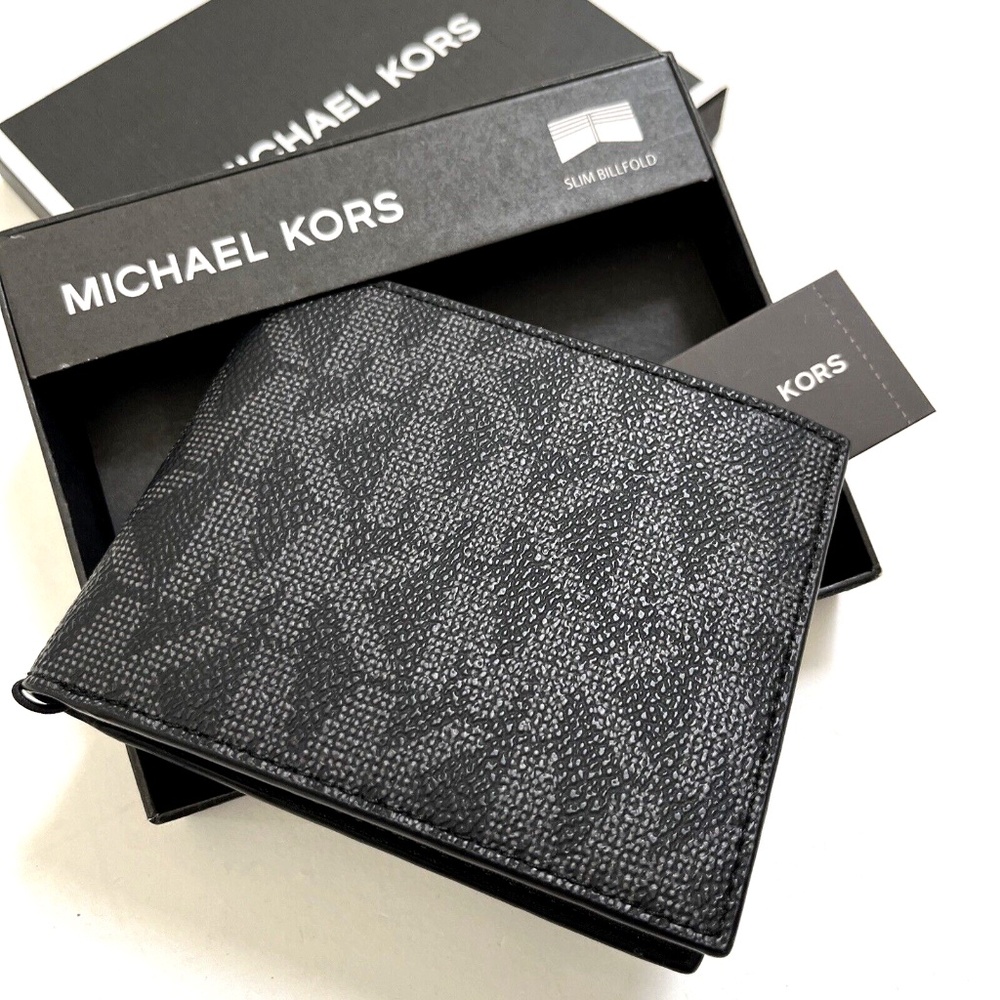 2pc MICHAEL KORS Slim Billfold Wallet Set Black Gray / Brown Logo Boxed Gift NWT - Picture 8 of 13